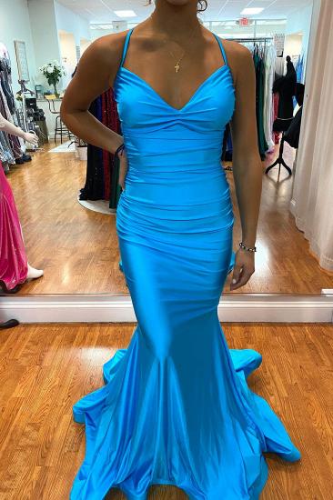Sleeveless blue mermaid elastic satin prom dress