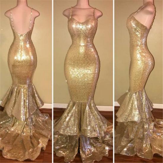 Spaghetti Straps Mermaid Sequins Prom Dress Champagne Gold Tiered Ruffles Sexy 2022 Evening Gown_3