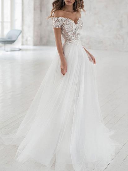 Off The Shoulder Sweetheart Tulle Lace White Wedding Dresses_1