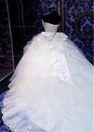 Elegantes weißes Schatz-Kristallballkleid-Hochzeits-Kleid-Gerichts-Zug Bowknot-Brautkleider mit Perlenstickereien_3