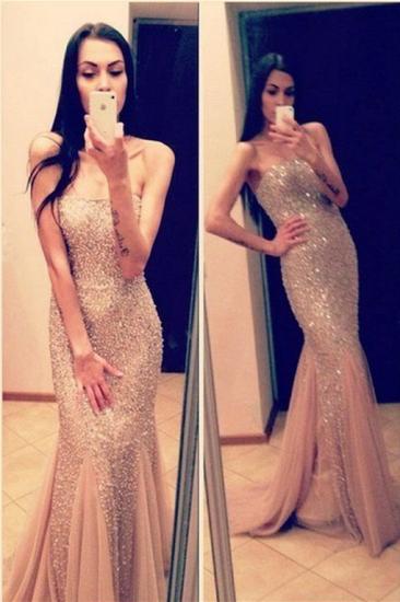 Strapless Mermaid Tulle Long Evening Dress Sexy Beadings Trumpet Formal Occasion Dresses for Women_1