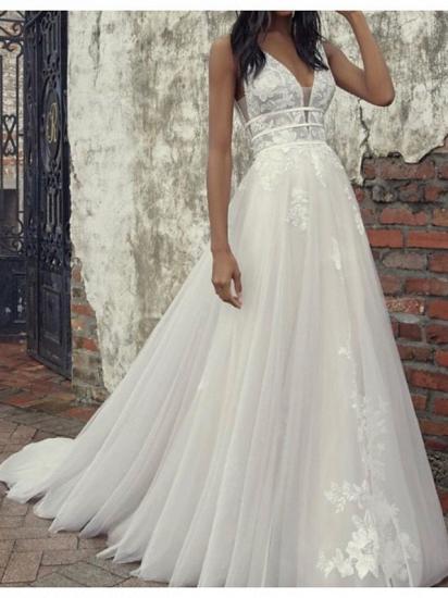 A-Line Wedding Dresses Plunging Neck Tulle Sleeveless Bridal Gowns Country Plus Size Court Train