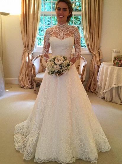 Lace High Neck Court Train Ball Gown Long Sleeves Wedding Dresses_1