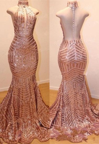 Shiny High Neck Sleeveless Sequins Mermaid Prom Dresses_3