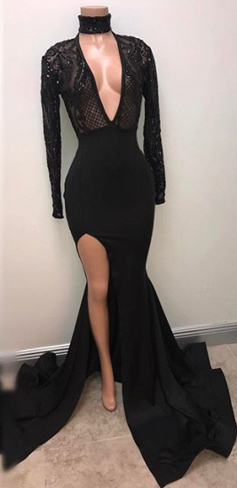 Mermaid Long Sleeve V-Neck Sexy Evening Gown 2022 Split Sexy Black Prom Dress_1