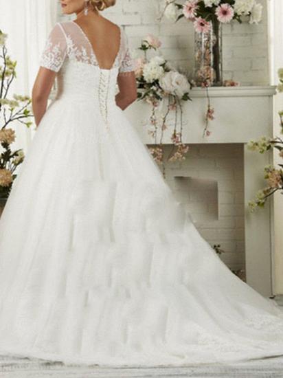 Affordable A-Line Wedding Dress Scoop Lace Short Sleeve Bridal Gowns Sweep Train_2