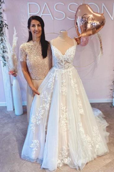 Elegant Spaghetti Strap White Floral Erin Wedding Dress Sleeveless Lace Bridal Dress_1