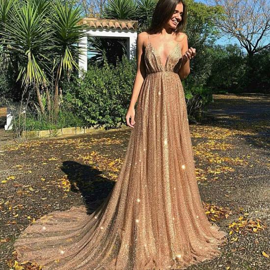 Glamorous Sequins A-Line Long Prom Gowns | 2022 Spaghetti Straps V-Neck Evening Dress_5