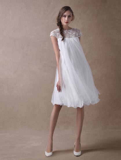 Sweet Short Sleeves Tulle Lace Knee-Length Bow Wedding Dresses_3