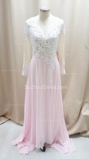 Cute Pink Chiffon Lace Prom Dresses Sheer Long Sleeve Cheap Popular Evening Dresses with Side Slit_3