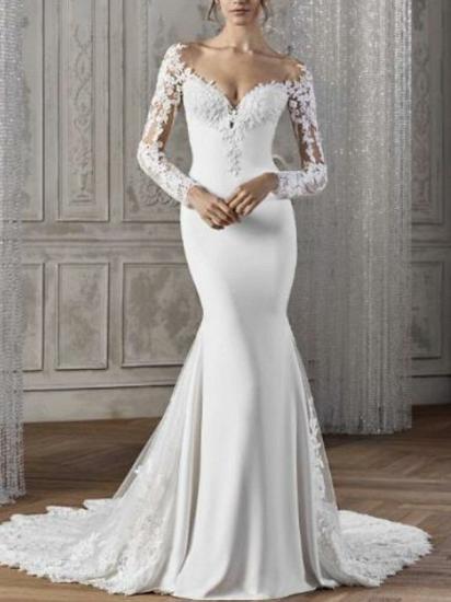 Sexy Mermaid Wedding Dress V-neck Lace Satin Long Sleeves Backless Bridal Gowns with Court Train