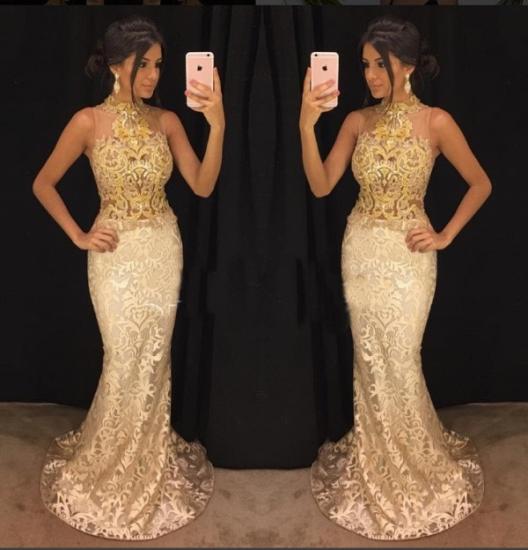 High Neck Sleeveless Champagne and Gold Lace Prom Dress   Mermaid Sexy Evening Gown_3