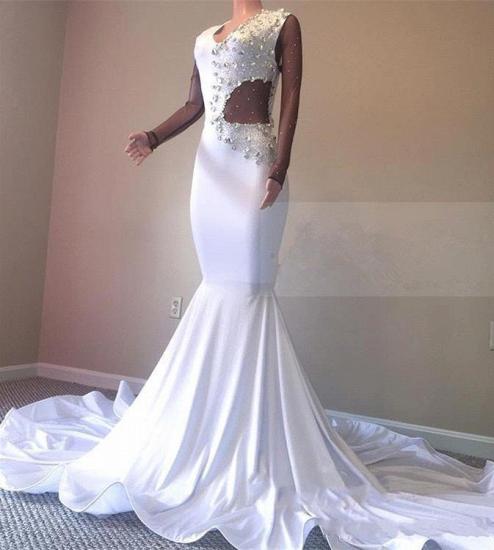 Crystal Beading White V-neck Sweep Train Mermaid Evening Gowns_3