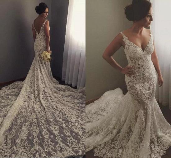 Sexy Sleeveless V-Neck Wedding Dress | Mermaid Bridal Gowns with Lace Appliques_3