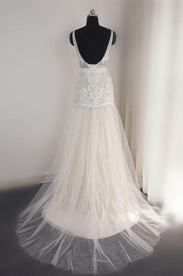 Trendy Ivory Sleeveless Lace Tulle High split A-line Wedding Dress_2