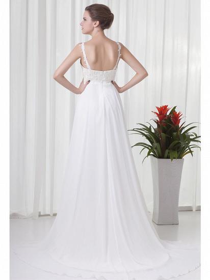 A-Line Wedding Dress V-Neck Chiffon Satin Spaghetti Strap Bridal Gowns Court Train_3