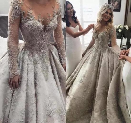 Luxury Long Sleeve Lace Wedding Dresses | Sheer Tulle Crystal Beads Dresses for Weddings_1