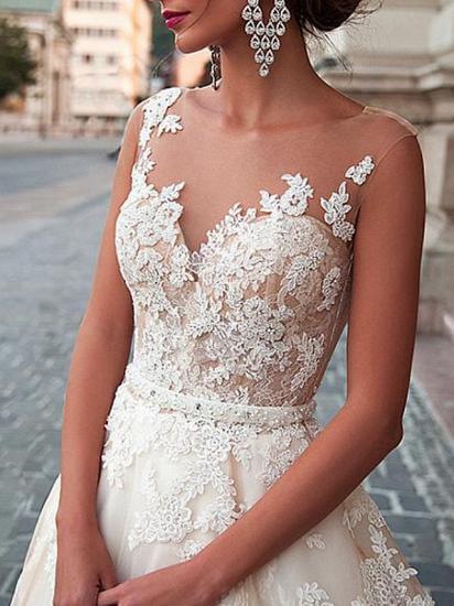 Formal A-Line Wedding Dress Jewel Lace Tulle Sleeveless Sexy See-Through Bridal Gowns with Sweep Train_4