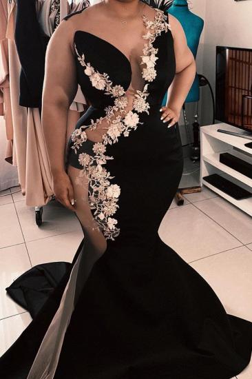 Sleeveless Jewel Sheer Appliques Sexy Mermaid Prom Dresses | Luxury Fashion Black Evening Gowns With Chapel Train_1