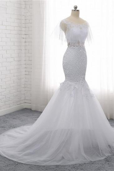 TsClothzone Elegantes Juwel Ärmelloses weißes Tüll-Hochzeitskleid Meerjungfrau-Spitze-Perlen-Brautkleider im Angebot_4
