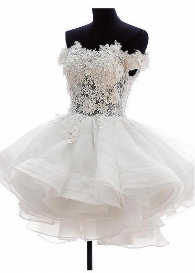 Nettes schulterfreies weißes Organza-Minihochzeits-Kleid-Spitze-Applique-maßgeschneidertes formales kurzes Brautkleid