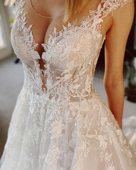 V-Neck A-line Wedding Dress Sleeveless Tulle Lace Appliques Bridal Dress_4