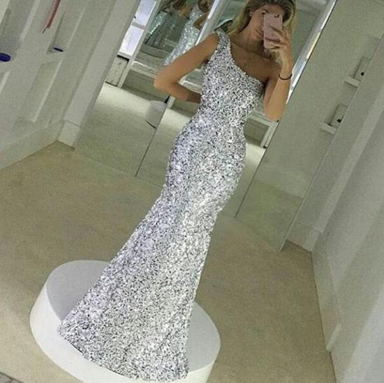 Mermaid Popular One Shoulder Evening Gown Sequined Floor Lenth Simple Prom Dress_3
