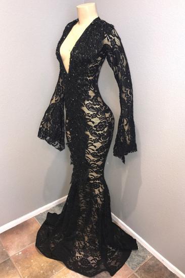 Sexy Black Lace V-Ausschnitt mit langen Ärmeln Mermaid Prom Dresses | Günstige schiere bodenlangen Abendkleider_2