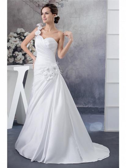 A-Line Wedding Dress One Shoulder Satin Spaghetti Strap Bridal Gowns with Court Train_2