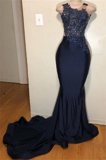 Dark Blue Straps Sleeveless Applique Mermaid Prom Dress
