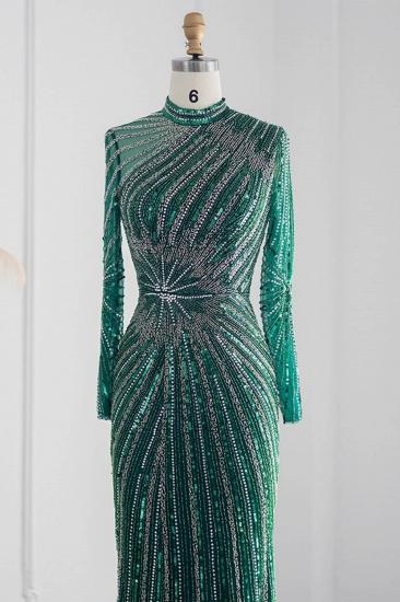 Elegante Abendkleider im Meerjungfrau-Stil mit Stehkragen und langen Ärmeln, Perlenstickerei und Kristallschärpe_18