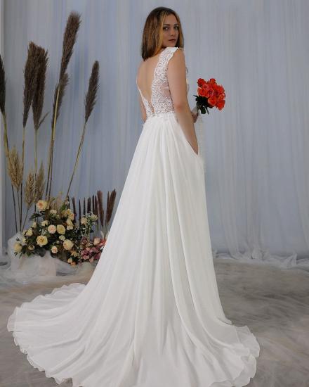 Elegantes, ärmelloses, weißes, schlichtes Chiffon-Hochzeitskleid mit V-Ausschnitt, AlineSoft-Spitzenhochzeitskleid_2