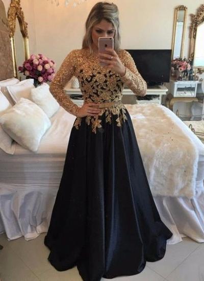 Black Long-Sleeves Gold Lace Puffy Pearls A-line Appliques Prom Dresses