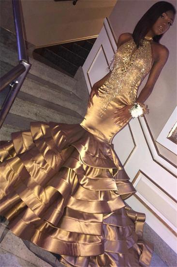 Glamorous Gold Mermaid High Neck Sleeveless Ruffles Crystal Prom Dresses