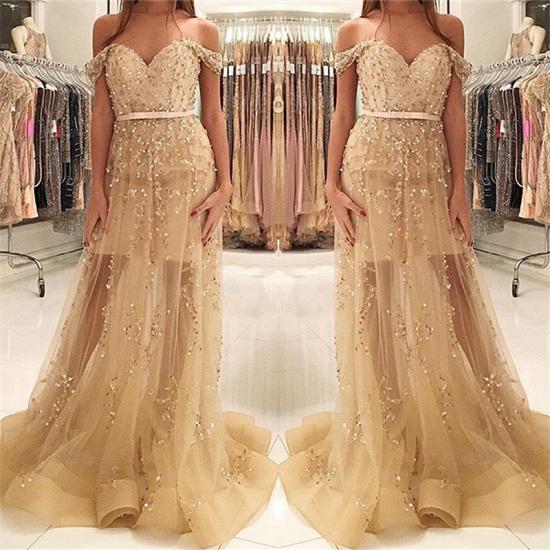 Champagne Gold Beads Sequins Prom Dress Off The Shoulder 2022 Illusion Evening Gown_3