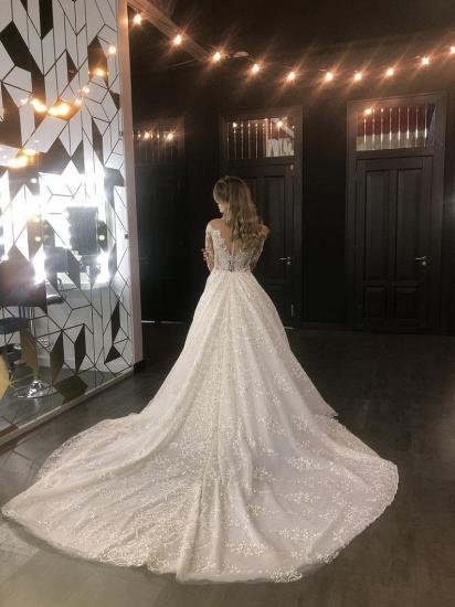 Sheer Tulle Sparkle Lace Wedding Dresses with Sleeves | Princess Ball Gown Bridal Dresses with Court Train Cheap_3