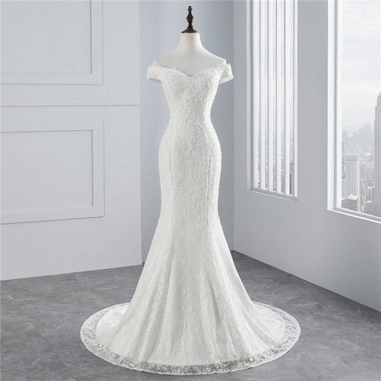Elegant Off-the-shoulder White Mermaid Column Wedding Dress_8