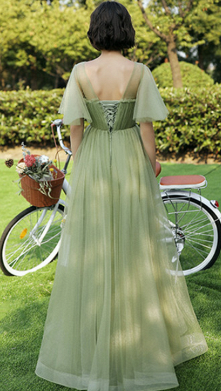 Light Green Tulle Cap Sleeve V Neck Floor Length A-Line Bridesmaid Dress_3