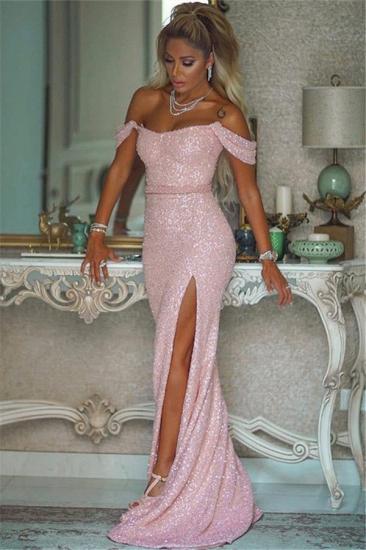 Shiny Sequins Pink Prom Dresses With Slit | Off The Shoulder Sexy Evening Gowns With Buttons