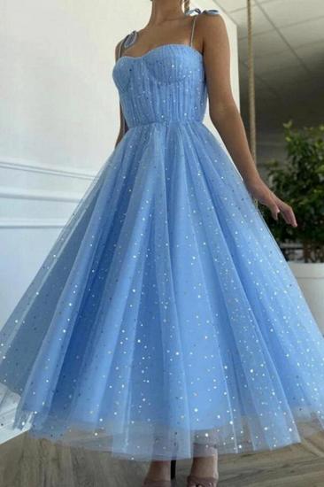 Sky Blue Spaghetti Straps Sequins Short Daily Casual Dress Sleeveless Formal Dress