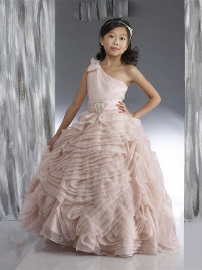 2022 Organza Flower Girl Dresses One Shoulder Bow Beading Lovely Tiered Ball Gown Pink Pageant Dress