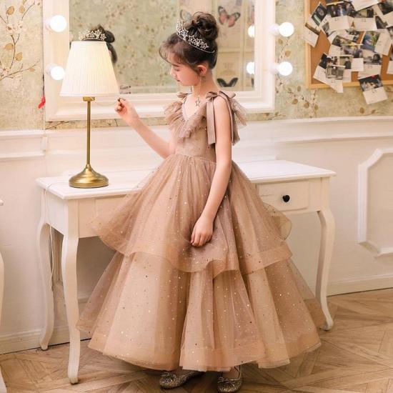 Romantische V-Ausschnitt Riemen Tüll geschwollene Prinzessin Blumenmädchenkleider | V-back Kids für Dress For Wedding_4