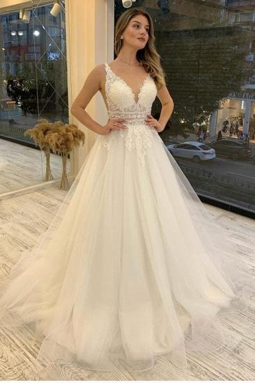 Sleeveless V-Neck A-line Wedding Dress Tulle Bridal Dress with Belt_1