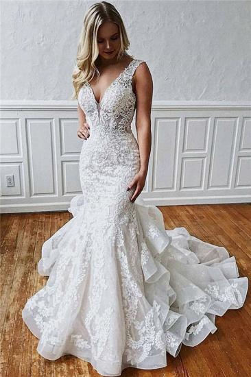 Sexy Lace V-Neck Mermaid Wedding Dresses | Sheer Ruffles Sleeveless Backless Floral Bridal Gowns_1