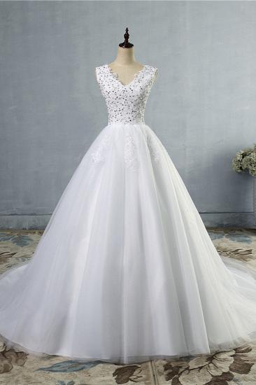 TsClothzone Stunning V-Neck Sequins Tulle Wedding Dresses A-Line Lace Appliques Bridal Gowns Online_1