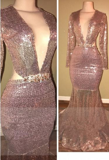 Backless Sequined Gorgeous V-neck Long-Sleeve Mermaid 2022 Prom Dress_1