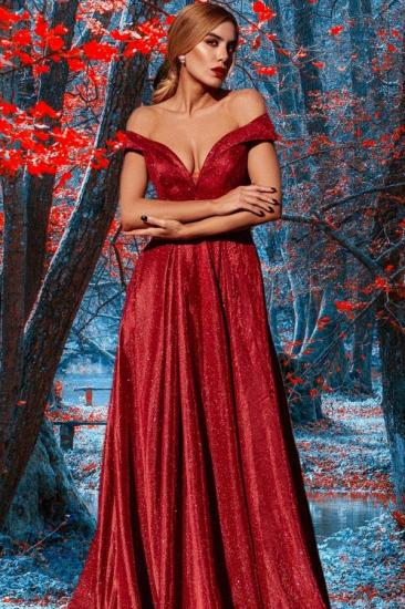 Red Sequin V-Neck Long Card-Shoulder Evening Dress | Cheap Prom Dresses_1