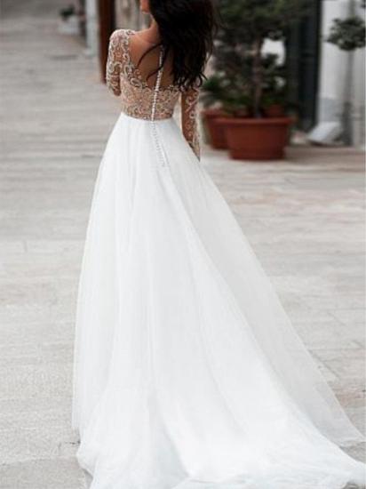 A-Line Wedding Dress V-neck Floor Length Tulle Long Sleeves Bridal Gowns Romantic Beach Boho See-Through_2