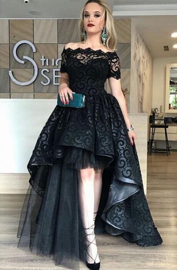 Schulterfreies Abendkleid aus schwarzer Spitze 2022 mit kurzen Ärmeln und Hi-Lo-Abschlussballkleid