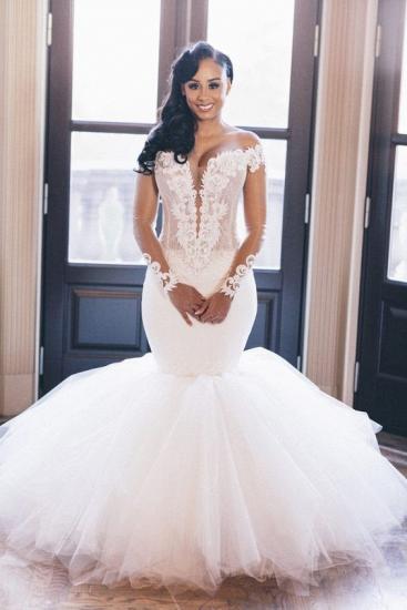 Off the Shoulder Mermaid Wedding Dress | Lace Appliques Elegant Long Sleeve Bridal Gowns_1